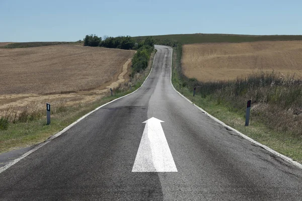 Beautiful Summer Landscape Road Straight Arrow Direction Sign Damaged Asphalt — Stock Photo, Image