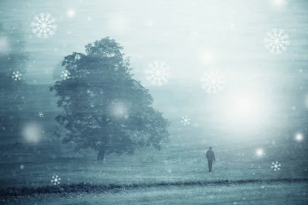 Man walks through the misty countryside landscape with added abstract snowflakes.