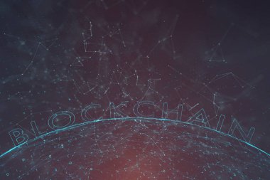 Kavramsal kırmızı mavi renkli ikili sayılar sanatsal blockchain siber arka plan ile dağınık.. 