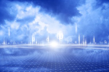 Parlak mavi renkli fırtınalı cennet dijital bilgisayar ikili sayılar ile net arka plan ağ.