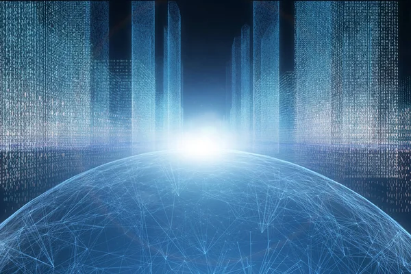Parlama ışık resimde arka plan ile mavi renkli arka ağ dünya ile dijital futuristik cityscape.