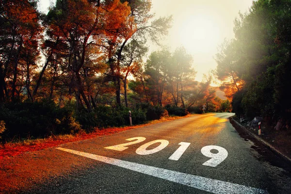 Número Año Nuevo 2019 Pintado Colorido Camino Asfalto Puesta Del — Foto de Stock