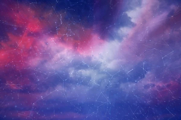 Leuchtend Blau Rot Stürmische Wolken Mit Digitalen Computerbinärzahlen Und Netzwerklinien — Stockfoto