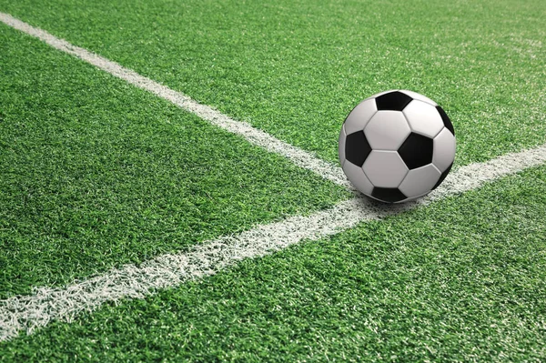 Sunny Football Ball Soccer Field White Lines — Stock Photo, Image