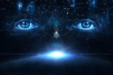 Dijital bilgisayar ikili sayılar veri siber arka plan üzerinde kişi gözleri. 