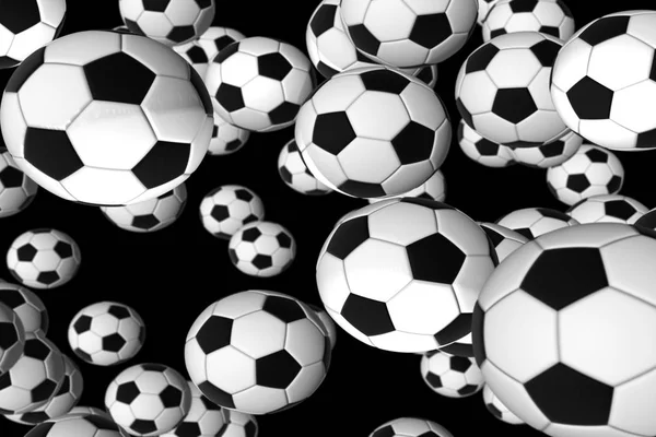 Many 3d soccer balls on black illustration background. Selective focus used.