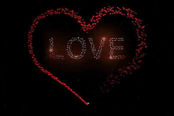 The word love spelled with red heart shapes for Valentines Day. Illustration background.