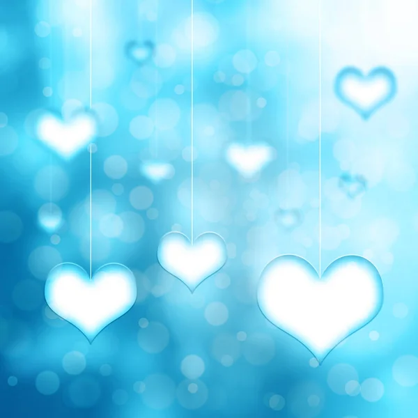 青色蓝色的心挂在模糊的 Bokeh 背景上的细细的白色绳子上 概念情人节拷贝空间例证 — 图库照片