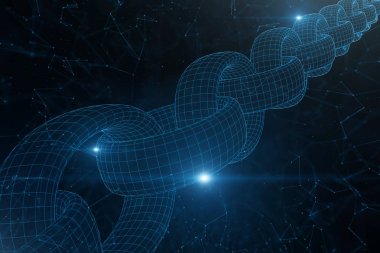 Soyut blockchain zinciri ışık bilgisayar siber ağ resimde arka plan üzerinde parlama ile. 