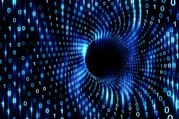 暗いイラスト背景にコンピューターのブルー色の 進数でトンネルを通って旅行のコンピューターのデジタル データ — ストック写真