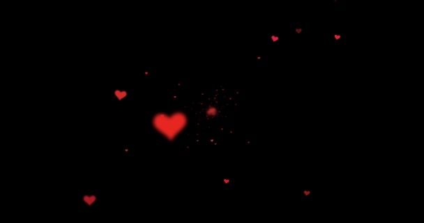 Abstract Blurred Red Colored Hearts Flying Camera Black Background — Stock Video