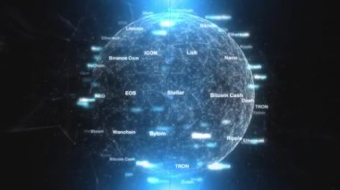Soyut cryptocurrency dijital bilgisayar siber ağ arka plan üzerinde dünya döner. 3d kare efekti animasyon. 