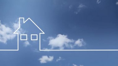 Ev simgesini çizim çizgileri animasyon. Güneşli mavi gökyüzü zaman atlamalı arka plan ile sağlıklı yaşam arka plan. 