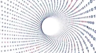 Beyaz arka plan üzerinde tünel bilgisayar mavi ve kırmızı renkli ikili sayılar ile sanatsal dijital bilgisayar verilerini gezinir. 