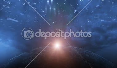 Çizgiler, noktalar ve sanatsal yavaş koyu mavi renkli bulutlar zaman atlamalı arka plan bilgisayar ikili sayılar Datası ile dijital veri siber küre. 