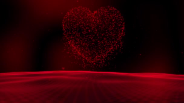 具有波浪状场运动的黑色背景上的艺术大红色心形运动 — 图库视频影像