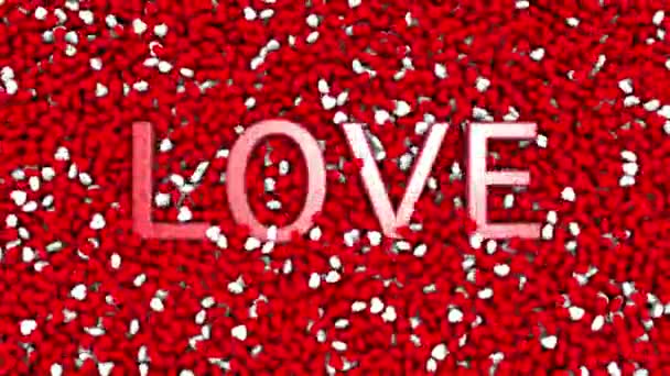 Szerelem szó ugrik, és sok piros és fehér színű kis szív tárgy jelenik meg. Boldog Valentin-nap háttér.