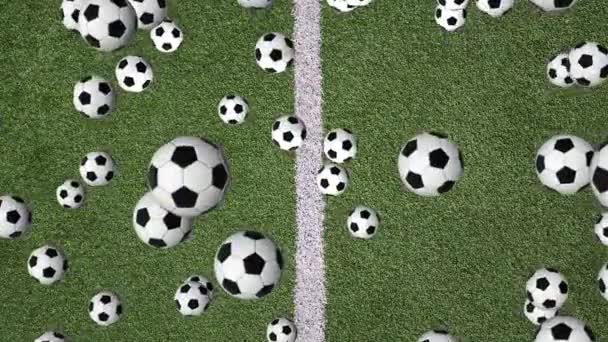 Many Soccer Balls Flying Rotating Green Grass Field Background — Stock Video