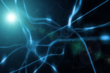 Beyin soyut parlak illüstrasyon zemin üzerine mavi renkli nöronlarda sanatsal.