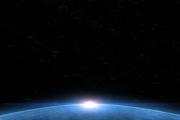 Artistic blue planet in the universe with sunrise illustration background.