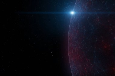 Sanatsal ağ Siber dünya güneş ışığı parlama ile. 3D resimde arka plan. Uzaydan görüntülemek. 