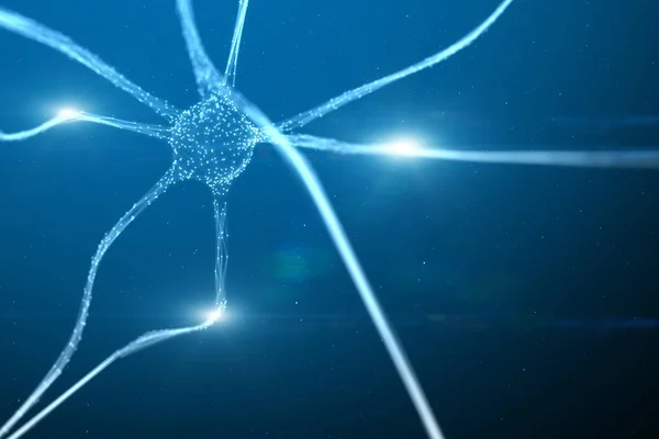 Zářivá neuron buňka na modrém uměleckém pozadí — Stock fotografie