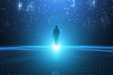 İnsan yapay zeka bilgisayar ağında siber uzayda yürür. 