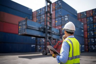 Foreman, ithalat ihracat için kargo gemisinden konteynır yükleme kutusu, Foreman, endüstriyel konteynır kargo gemisi, ticari lojistik konsept, ithalat ve ihracat konsepti.