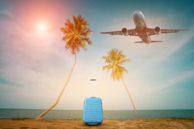 Yolcu uçak ve Cennet Adası tropik palm, Palm beach arka planda yaz saati, yaz tatili, seyahat kavramı üzerinde parti ile bırakır