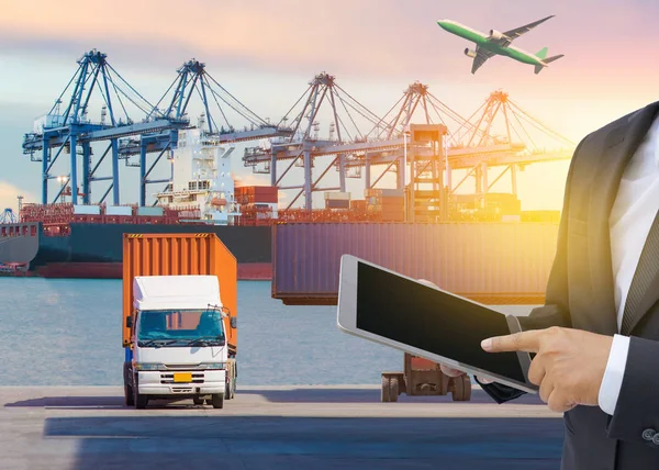 Business Logistics concept, Global business connection technology interface global partner connection of container cargo freight ship for Logistic import export background, internet of things