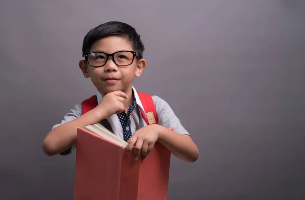 Back School Happy Child Little Boy Glasses Reading Books Concept — Stock Photo, Image