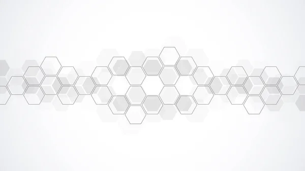 Geometrik şekilli ve altıgen desenli soyut bir arkaplan. Tıp, teknoloji veya bilim tasarımı için vektör illüstrasyonu.