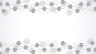 Geometrik şekilli ve altıgen desenli soyut bir arkaplan. Tıp, teknoloji veya bilim tasarımı için vektör illüstrasyonu.