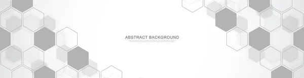 Banner tasarım şablonu. Geometrik şekilli ve altıgen desenli soyut bir arkaplan. Tıp, teknoloji veya bilim tasarımı için vektör illüstrasyonu.