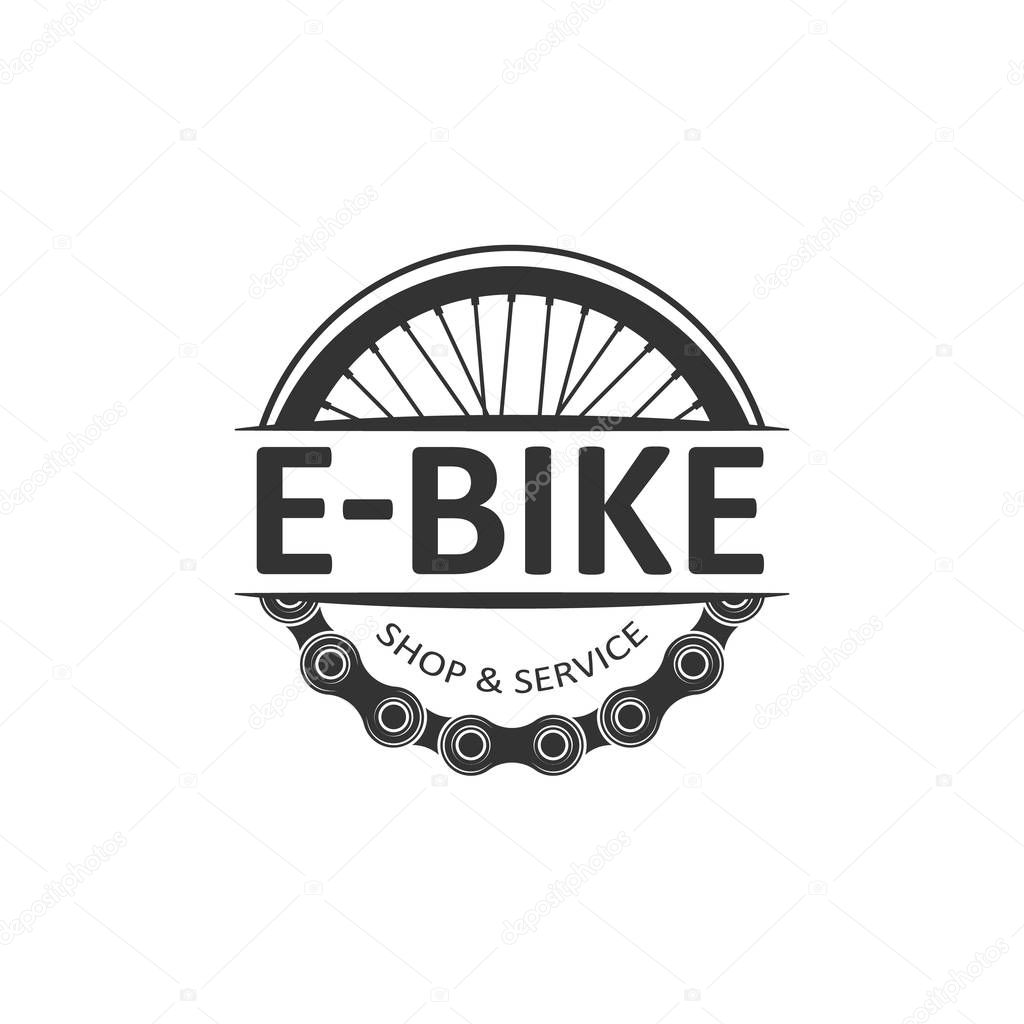 Electric bike badge vector. Wheel and tape. Bike logo