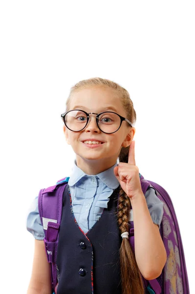 Retrato de una linda colegiala con anteojos. Éxito, idea brillante, ideas creativas y concepto de tecnología de innovación . —  Fotos de Stock