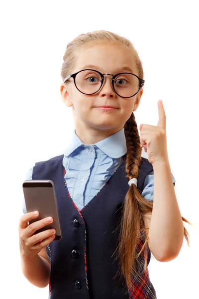 Милый Ученик Пользуется Мобильным Телефоном Начальной Школе — стоковое фото