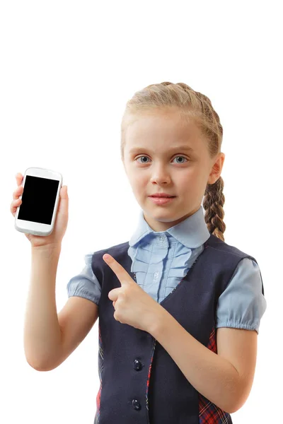 Милая Маленькая Девочка Улыбается Пользуется Смартфоном Телефоном Mockup — стоковое фото