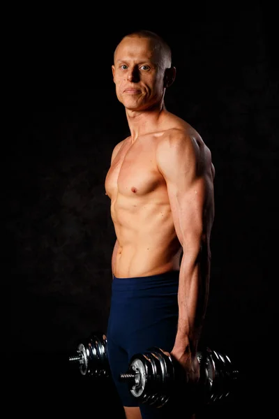 Photo Sporty Male Naked Torso Dark Background Strength Motivation — Stock Photo, Image