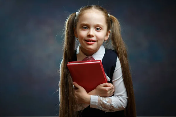 Laughing Long Hair Schoolgirl Hold Red Book Shout Primer Plano —  Fotos de Stock