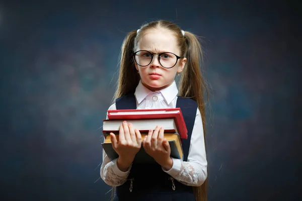 Serious Schoolgirl Wear Glasses Hold Pile Book Adorable Smart Elementary — Stock Photo, Image
