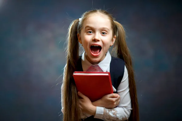 Laughing Long Hair Schoolgirl Hold Red Book Shout Primer Plano — Foto de Stock