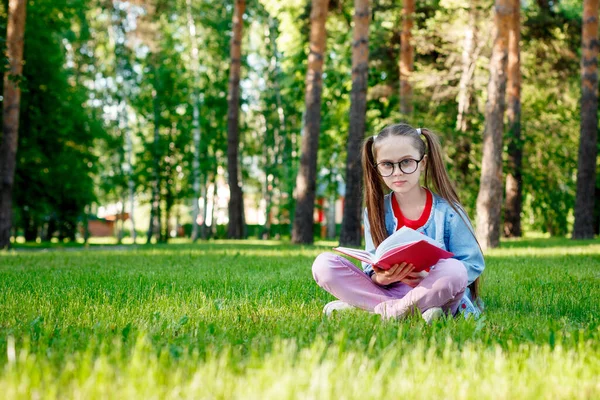 Portret Van Schattig Meisje Glazen Zit Gras Met Boek Het — Stockfoto