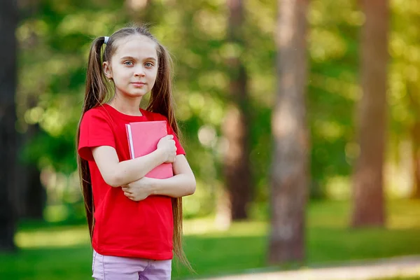 Blank Klein Meisje Met Lang Haar Met Een Boek Tegen — Stockfoto