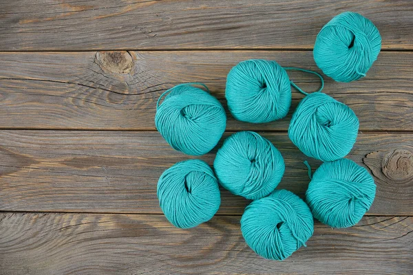 2012 Balls Yarn Old Wood Background Knitting Crochet Backdrop Turquoise — 스톡 사진