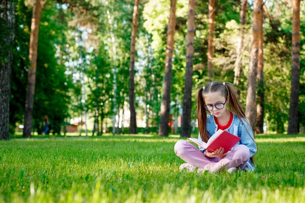 Egy Csinos Szemüveges Lány Könyvet Olvas Füvön Parkban Nyáron Koncepcióoktatás — Stock Fotó