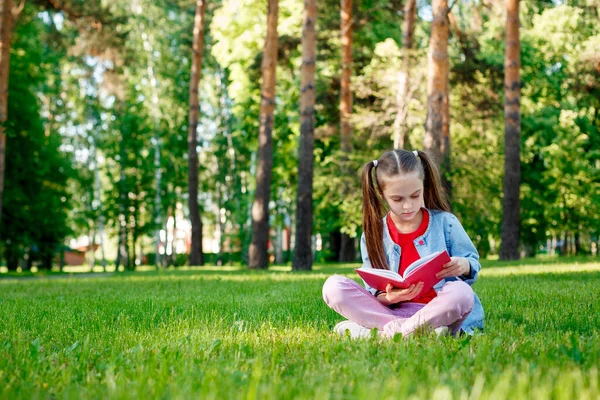 Niña Leyendo Libro Sentarse Hierba Día Verano Aire Libre — Foto de Stock