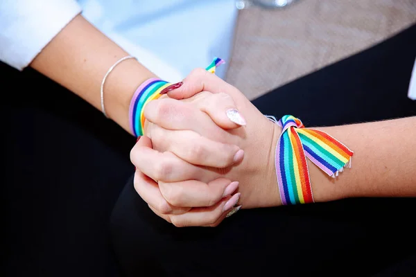 LGBT Lesbian Couple With Rainbow Ribbon Moments Happiness Concept.