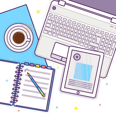 Düz lay tablet, dizüstü bilgisayar, Açık kitap, Not defteri ve kahve ile