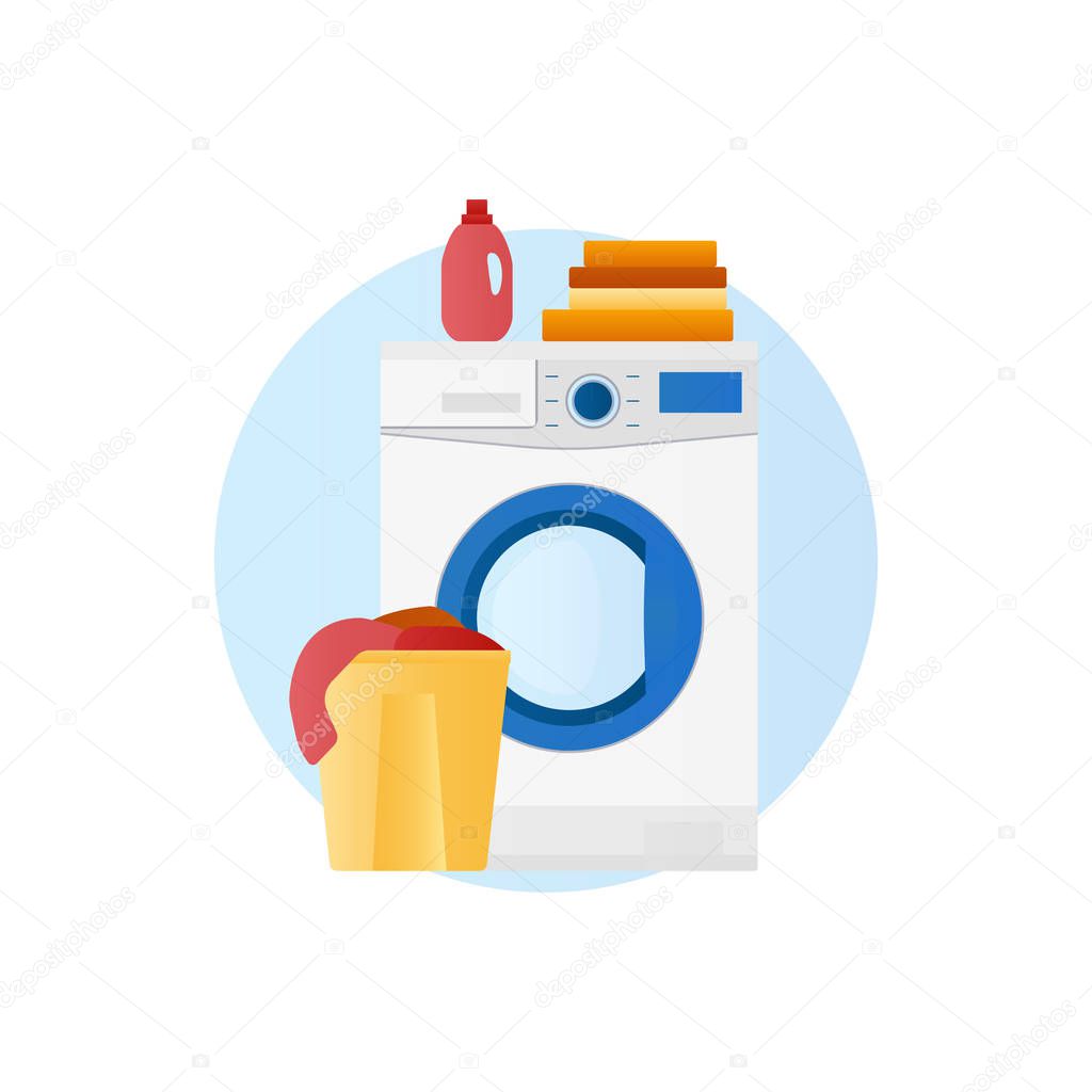 Flat design vector icon of laundry, washing machine with washing clothing and linen, basket of linen and detergent. Concept of domestic housework clipart